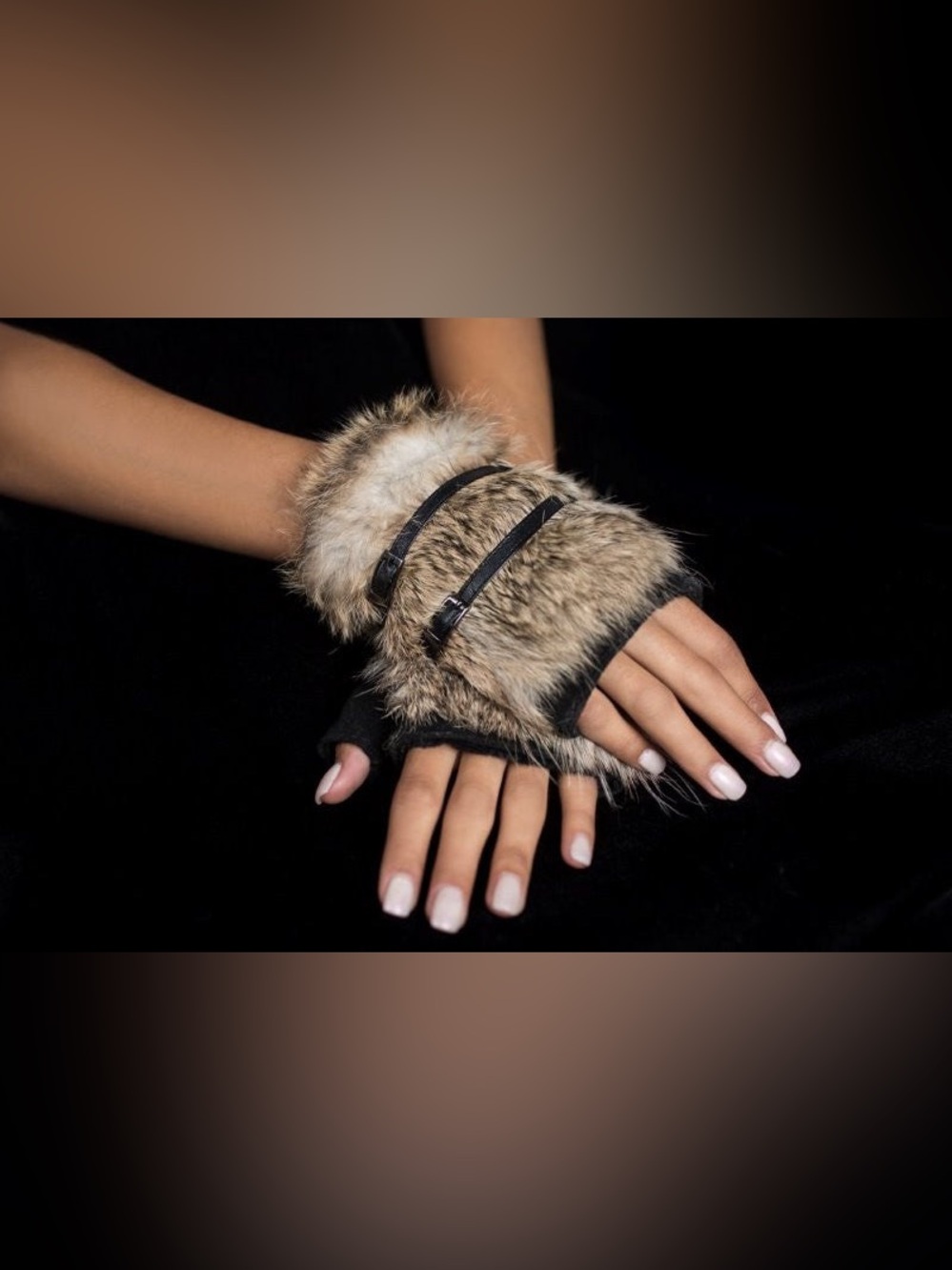 Rabbit Fur Fingerless Gloves with Buckles 100% Leather